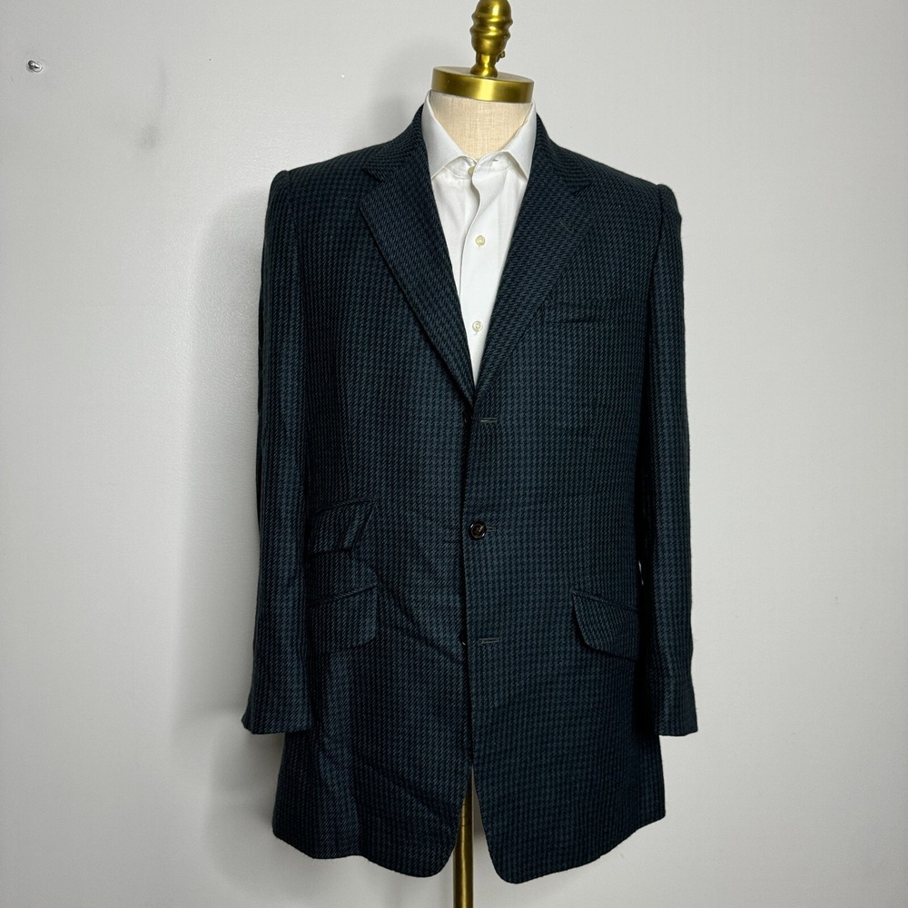 Holland & Sherry Sport Coat Mens 42R Green Blue Houndstooth Wool 3-Button Jacket